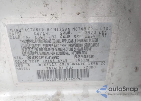 2014 Nissan Versa Note S (Sr)/S Plus/Sv из США, поврежденный, VIN 3N1CE2CP1EL419992